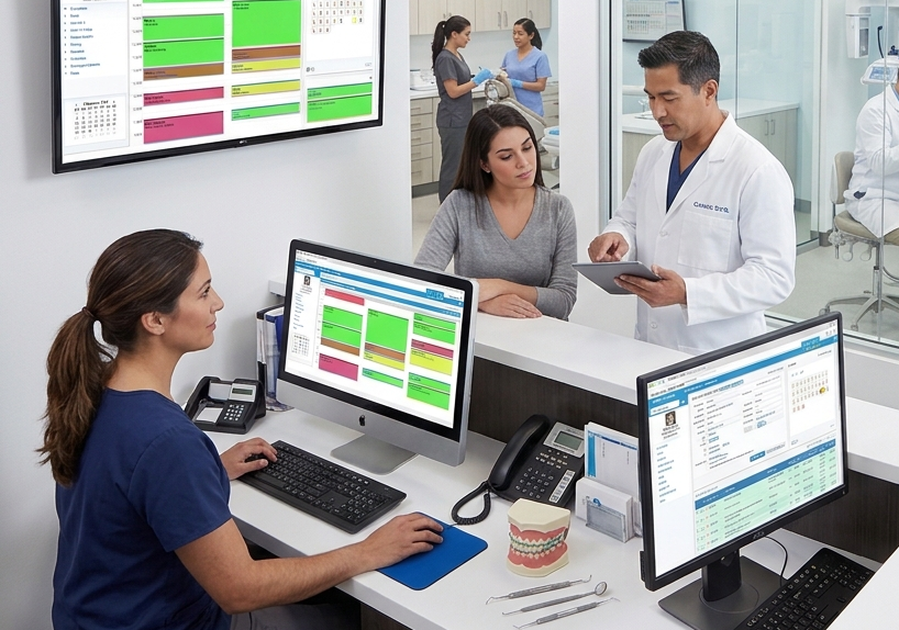 Clinic management workspace with charts and tablet