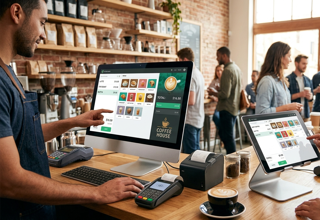 Point of sale style desk setup with laptop and analytics